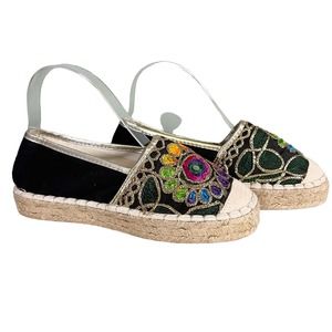 Surkana Women's Black Embroidered Espadrille Flat Shoes Size 37